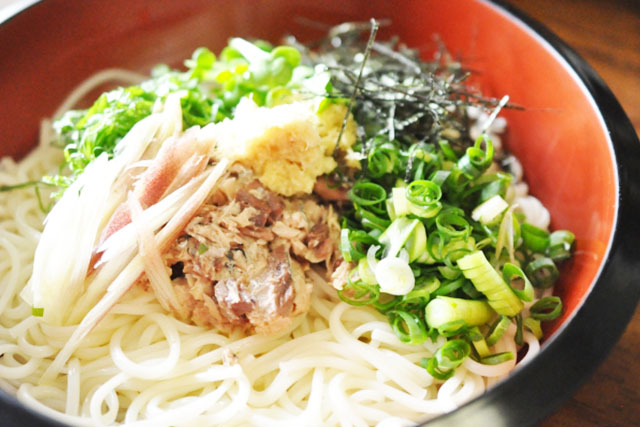 薬味をのせたそうめん